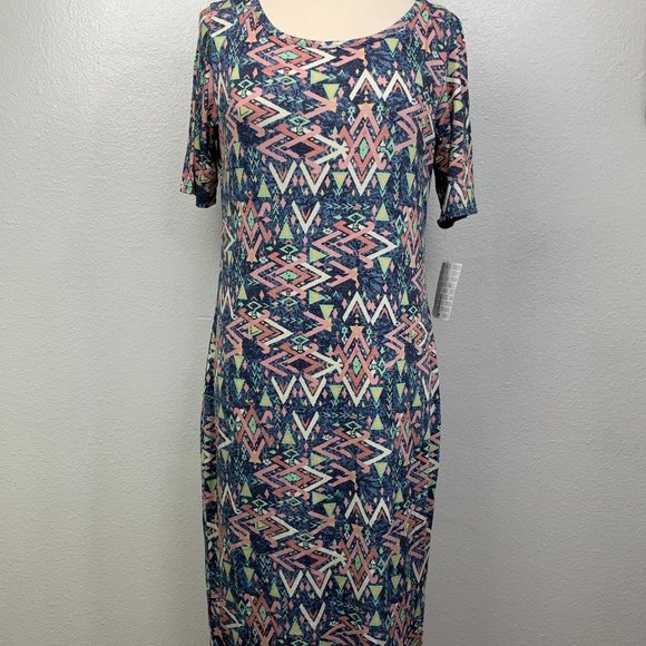LuLaRoe Julia Dress Multicolor Geometric Triangles - Picture 1 of 7